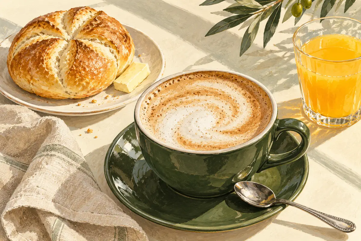 Gemalte Melange mit Buttersemmel und Orangensaft