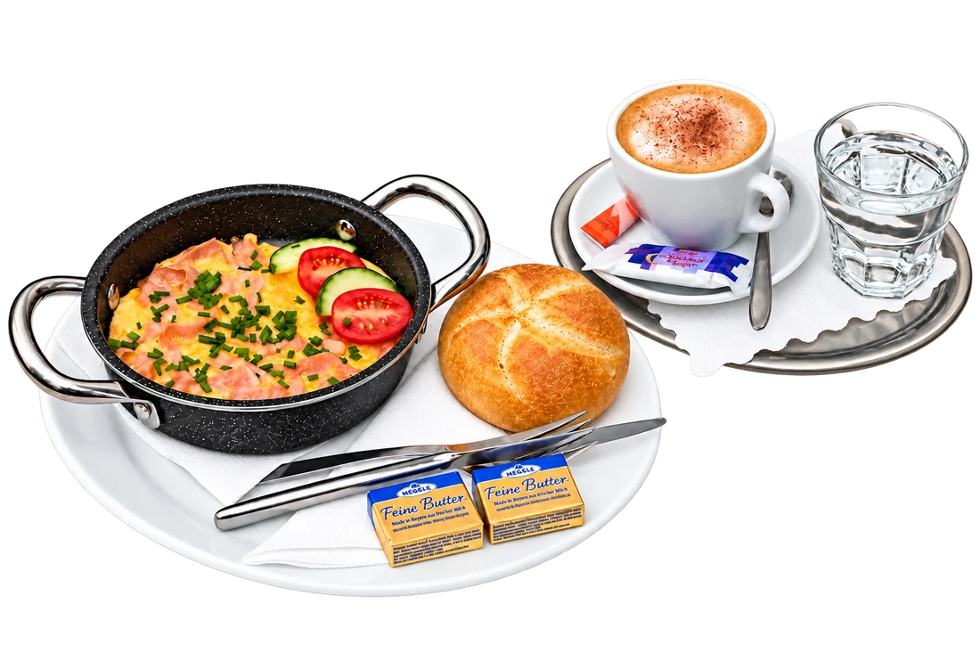 Frühstück mit Rührei, Semmel, Butter und Kaffee